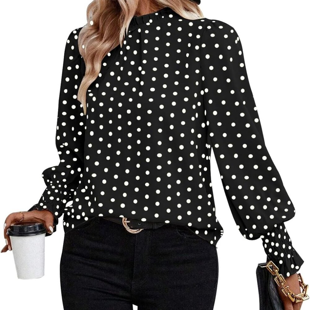Women's Polka Dots Blouse Puff Ruffle Long Sleeve Shirts Fall Pleated Frill Trim